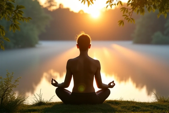 A person meditating in a serene outdoor environment, promoting mental clarity