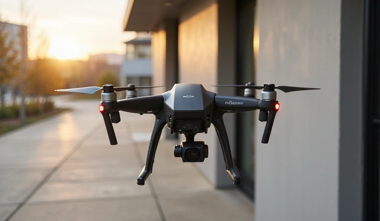 A package being delivered by a drone, symbolizing fast and efficient shipping.